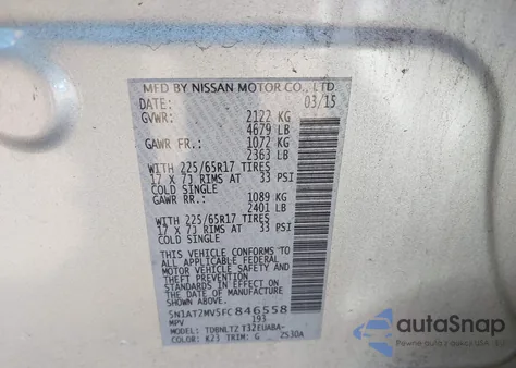 2015 Nissan Rogue Sv from USA, damaged, VIN 5N1AT2MV5FC846558